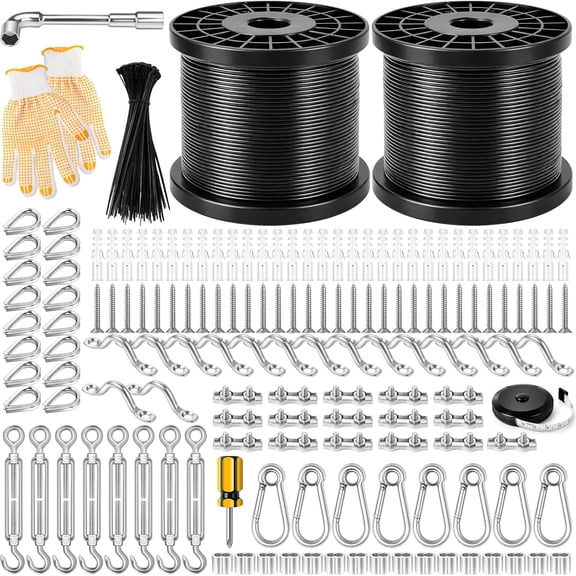 String Light Hanging Kits,400FT Nylon Coated Stainless Steel 304 Wire Rope,Outdoor Hanging Light Kit Included Enough Accessories With Turnbuckles And Hooks For Patio, Garden And Wedding Lighting