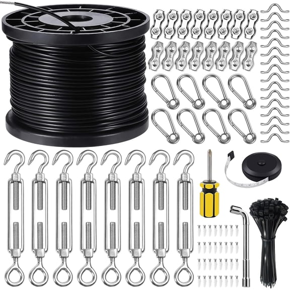 String Light Hanging Kits, Coated Stainless Steel 304 Wire Rope, Outdoor Light Guide Wire, Globe String Light Suspension Kit Included Turnbuckles, Enough Accessories, Use Manual