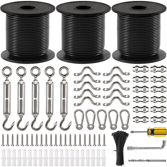 String Light Kit, 300 Ft Nylon Coated Stainless Steel and Accessories, Guide Wire for Outdoor String Lights, Patio Light, Camping Light