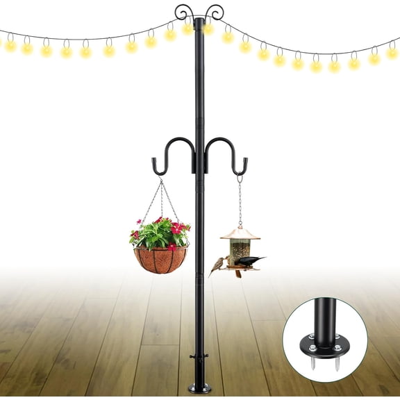 String Light Poles, 10FT Patio Light Poles for String Lights   Pole with Hooks to  Outdoor String Lights,  Baskets, Bird Feeder