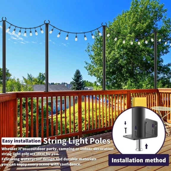 String Light Poles 4 Pack 5FT Metal with Fence Bracket for Outdoor Use