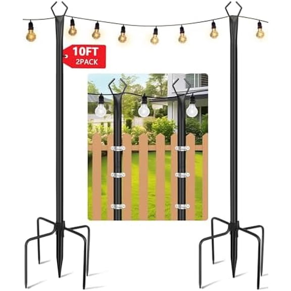 String Light Poles for Outside 10FT 2 Pack, Outdoor String Light Poles for Decor Garden Deck Backyard Fence Bistro, Heavy Duty Metal Pole with Fork, Perfect for Wedding Party Camping