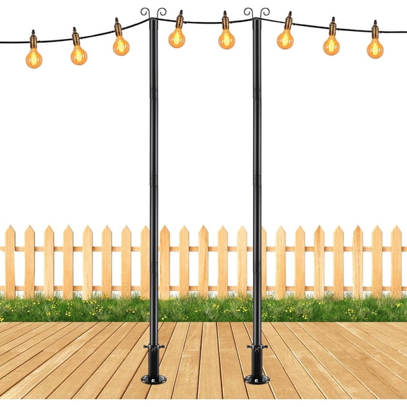 String Light Poles for Ground, 8FT Adjustable Poles for Outdoor String Light with Flange Base, Backyard, Garden, Patio, for Party (2 Pcs)