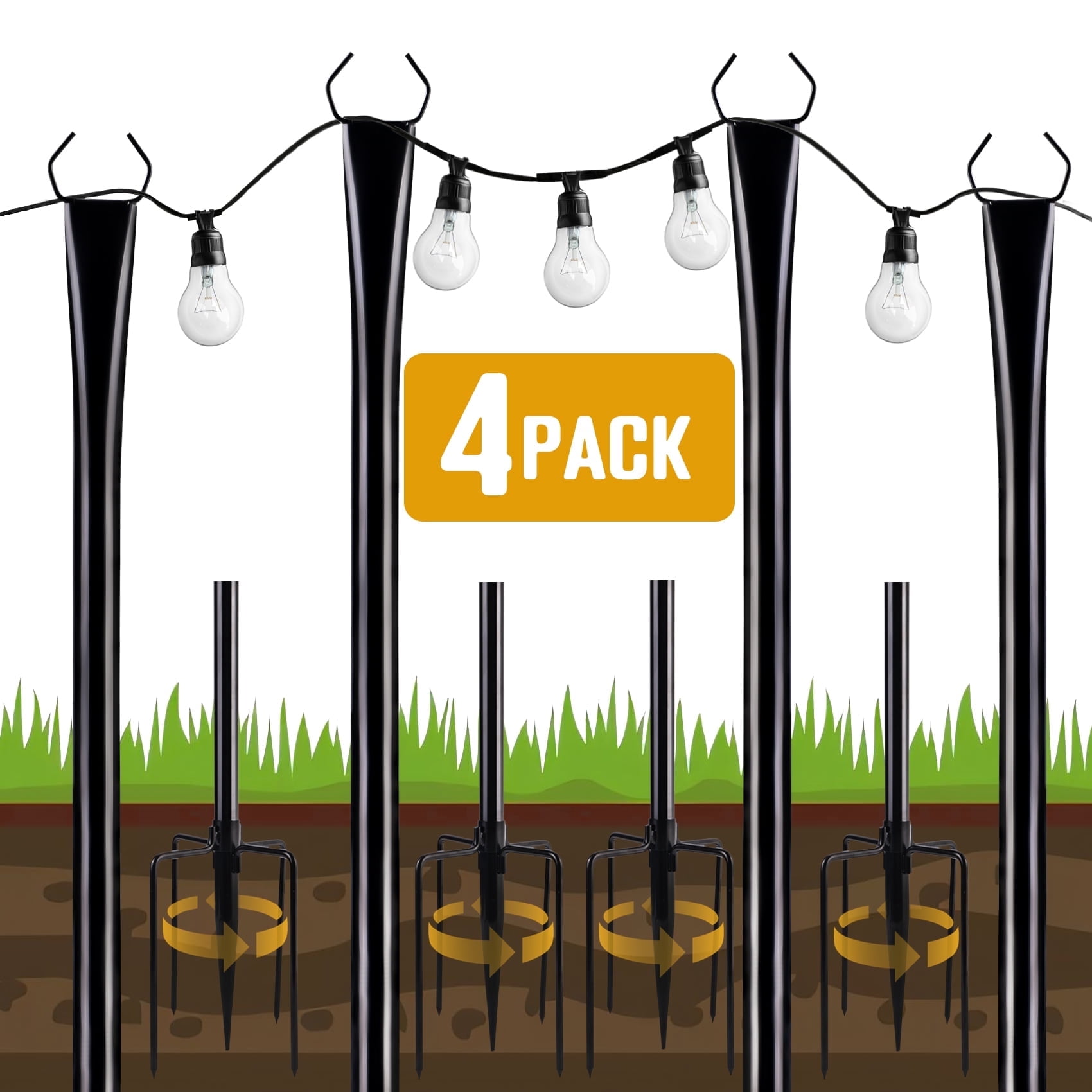 String Light Poles for Outside 4 Pack, 10ft Metal Outdoor String Light Poles for Deck - Ideal for Patio, Garden, Yard, Front Porch Decorations, Black