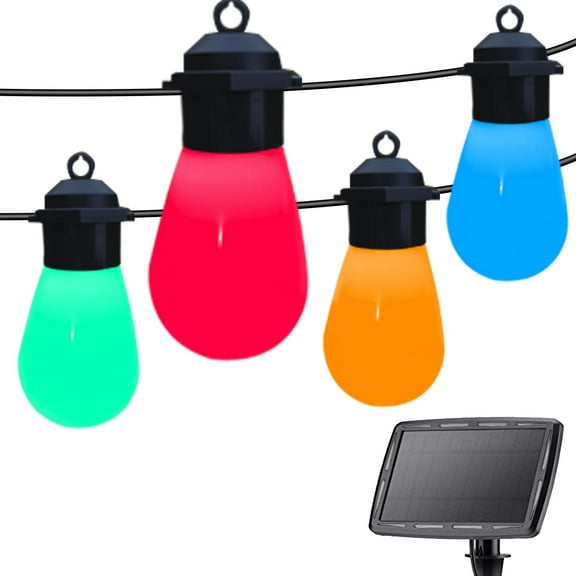 String Light Solar LED outdoor 32.8ft 213modes dimmable IP65 waterproof with 15 shatterproof vintage Edison bulbs, for Wedding Christmas Camping Bistro Patio Garden Backyard Tent Balcony Poolside