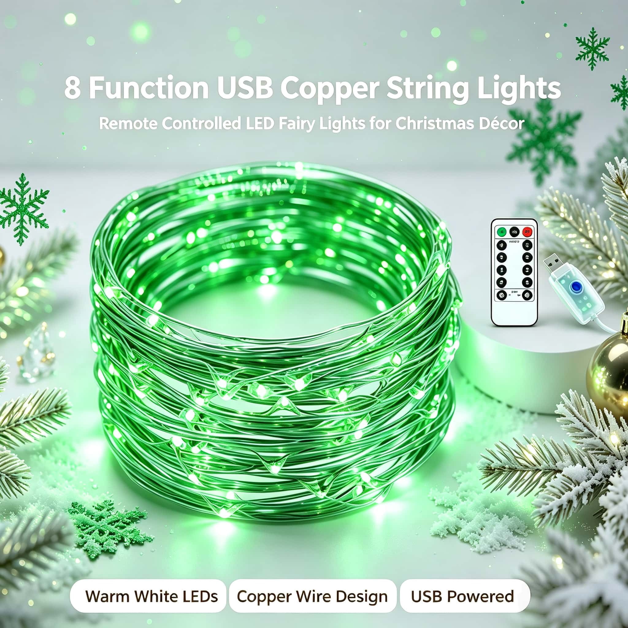 Warm Led String Lights String Lights 6.56FT 20 LED, USB Powered 8 Modes Twinkle Lights with ...