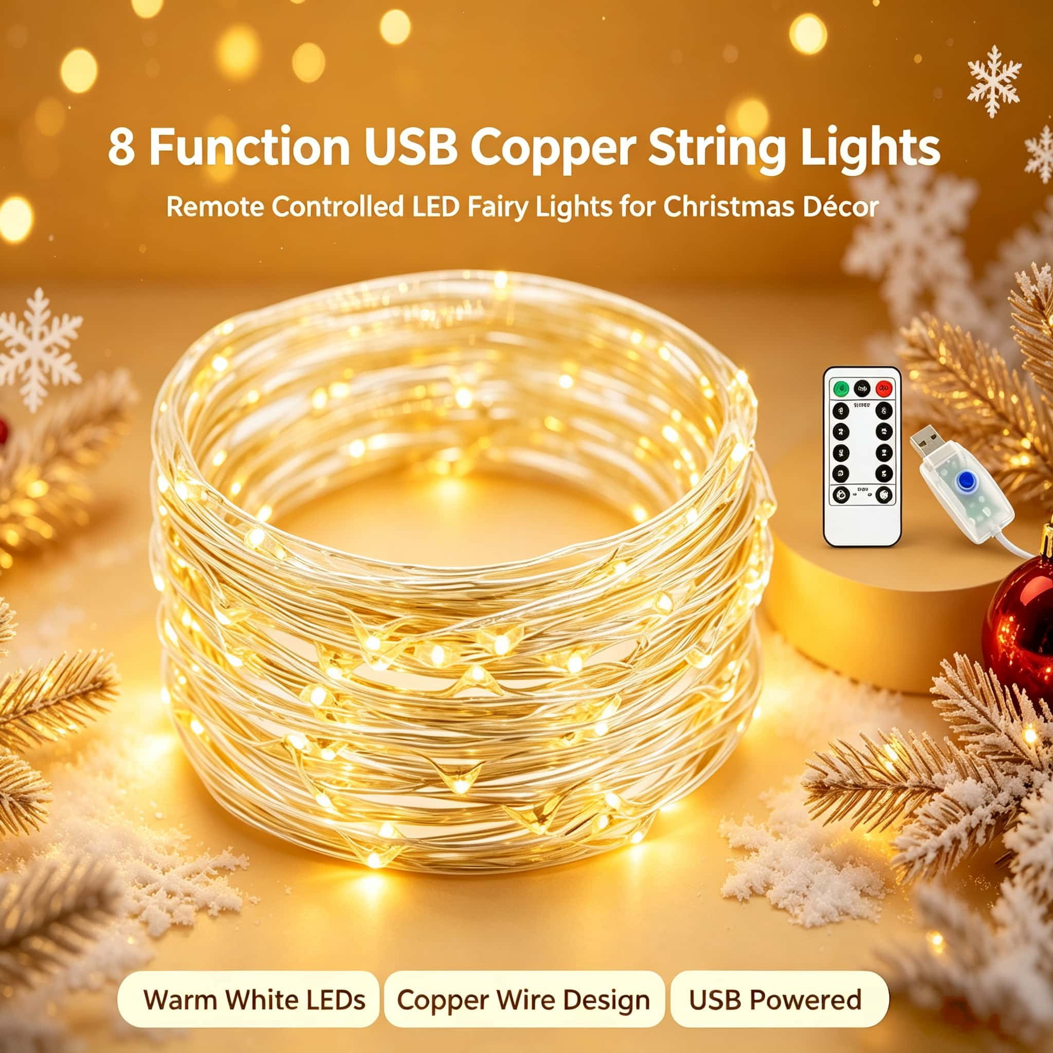 Warm Led String Lights String Lights 65.6FT 200 LED, USB Powered 8 Modes Twinkle Lights with ...