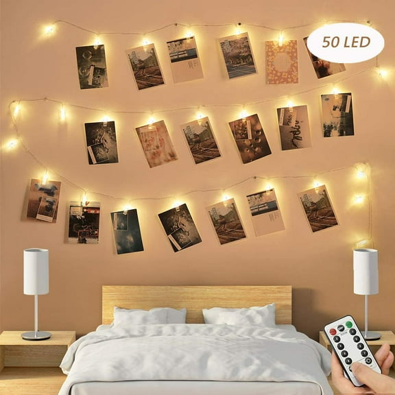 String Lights, 7.5Ft String Lights with 50 Clear Clips for Hanging Photos, Cards and Artwork, Battery Operated & USB Powered with Remote Control