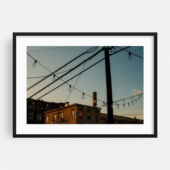 String Lights in Astoria, Queens - Queens New York Photography Street Photography City Sunset Vintage Architecture Industrial Black Framed Wall Art Print 5 x 7 inches