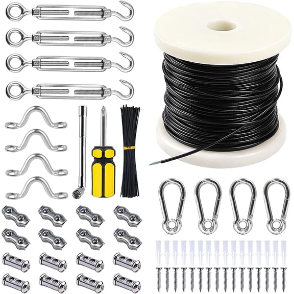 String Lights Hanging Kit with 197Ft Nylon Coated, 304 String Light Cable, Shade Sail Hardware kit, Outdoor Light Guide Wire for Patio, Backyard, Outside Decoration