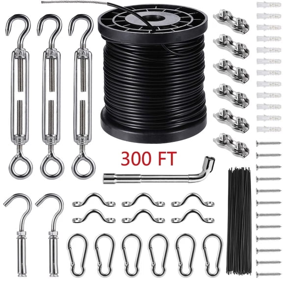 String Lights Hanging Kit, 300 ft Stainless Steel Wire Rope Cable Turnbuckle and Hooks Fit for Backyard Outdoor Home