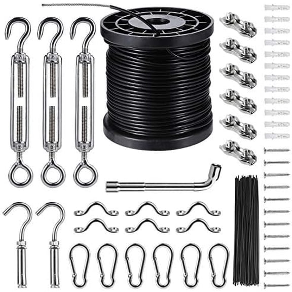 String Lights Hanging Kit,Globe String Lights Suspension Kit,Outdoor Light Guide Wire,Includ 164 FT Nylon-Coated Stainless Steel Wire Rope Cable,Turnbuckle and Hooks,Enough Accessories,Use Manual$$