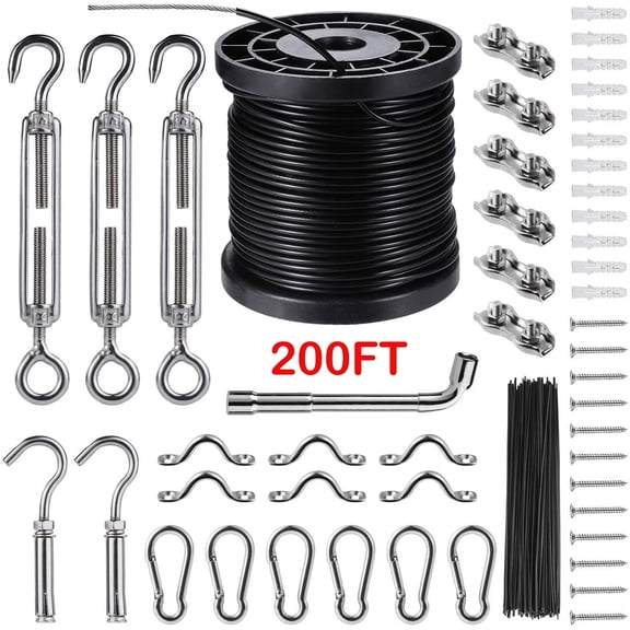 String Lights Hanging Kit, 200ft Nylon-Coated Outdoor Stainless Steel Wire Rope Cable, Turnbuckle and Hooks