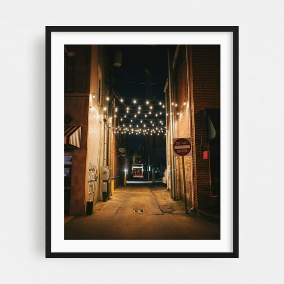 String Lights, Kingsport - Kingsport Tennessee Photography Nightlife Street Photography Vintage City Architecture Night Sky Black Framed Wall Art Print 8 x 10 inches