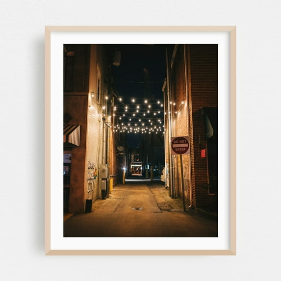 String Lights, Kingsport - Kingsport Tennessee Photography Nightlife Street Photography Vintage City Architecture Night Sky Oak Framed Wall Art Print 8 x 10 inches