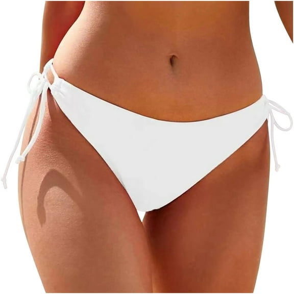Husipze String Side Tie Bikini Bottoms for Women Mid Rise Bathing Suit Swimsuit Bikini Bottoms Sexy Solid Color Swimwear White M