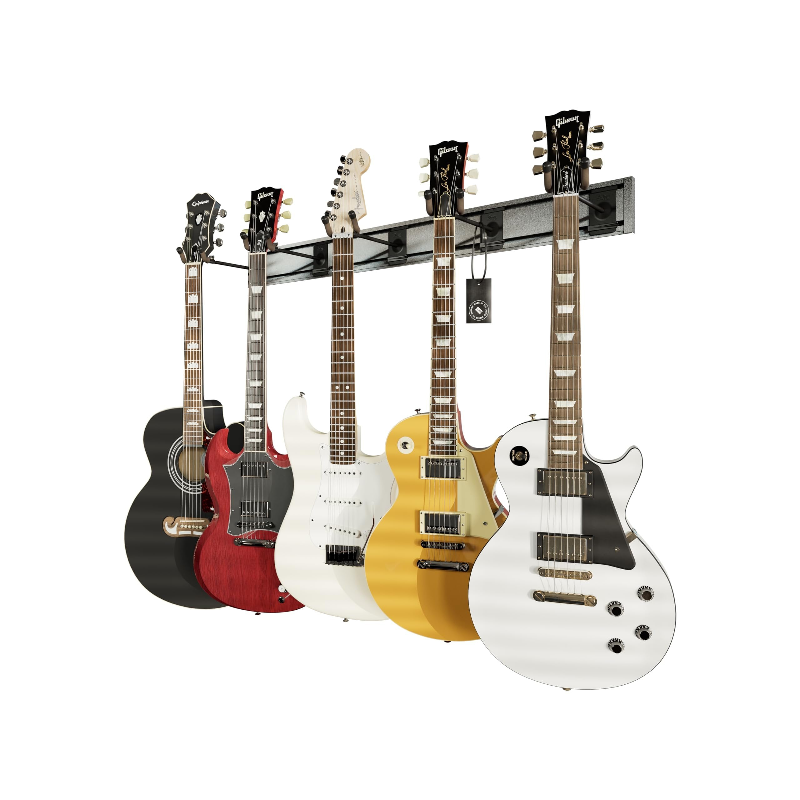 String Swing Guitar Wall Rack, Multiple Guitar Wall Mount, Guitar Organizer for Acoustic \u0026 Electric Guitars, 5 Padded Arm Hangers \u0026 Silver Slatwall Rail, Wall Mount Guitar Rack - MADE IN USA