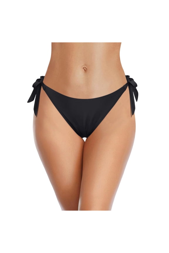 String Tie Side Bikini Bottoms Women Full Coverage Mid Rise Bathing Suit Bottom Mid Waist Swimsuit Bottom Black M