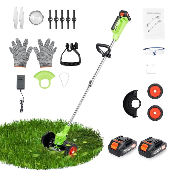 String Trimmer Cordless, 650W Electric Weed Wacker Battery Powered with 6-Inch Blade Adjustable Handle Wheel, Telescopic Pole for Lawn Garden Yard Trimming Lightweight