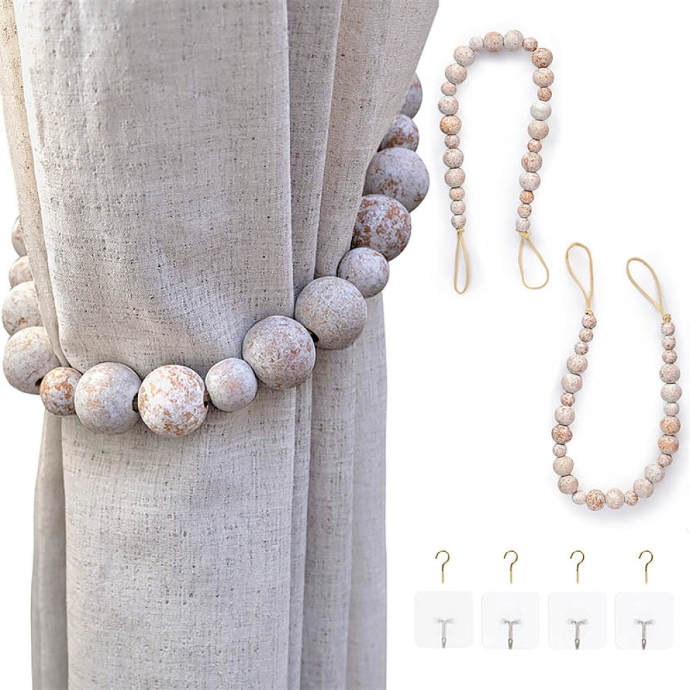 String Wooden Bead Curtain Tie (2 Pack),Window Drapery Tiebacks Indoor