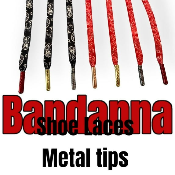 Strings 6mm Wide 45" Long. Bandanna Shoe Laces Metal Tips. Great Quality! (Shoelace Material:Red with Silver punch Tips;)