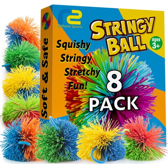Fidget Sensory Balls - Stretchy Stringy Squishy Texture - 8 Pack Pom Monkey Stringy Balls - Stress Relief and Party Favor Toys for Kids - Refresh Sports