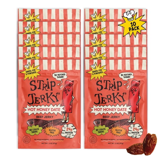 Strip Jerky Hot Honey Date Beef Jerky, 10 Pack of 2 oz Bags, Chef Crafted Sweet Heat Beef Snack with Honey, Dates & Red Chilis, 100% Grass Fed Beef, Gluten Free, Seed Oil Free, 24g Protein per Bag