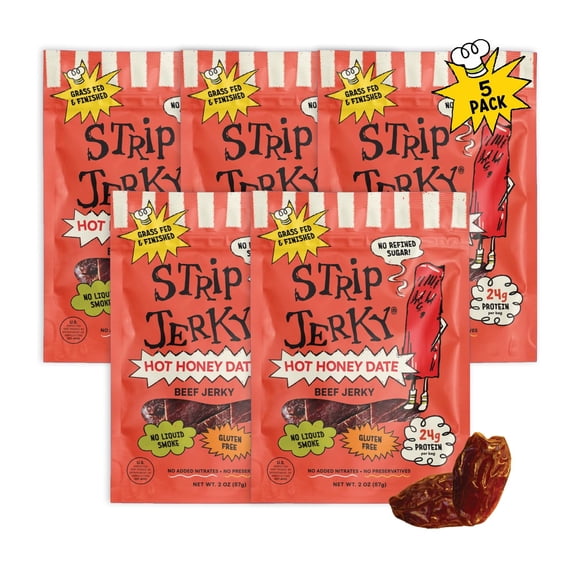 Strip Jerky Hot Honey Date Beef Jerky, 5 Pack of 2 oz Bags, Chef Crafted Sweet Heat Beef Snack with Honey, Dates & Red Chilis, 100% Grass Fed Beef, Gluten Free, Seed Oil Free, 24g Protein per Bag
