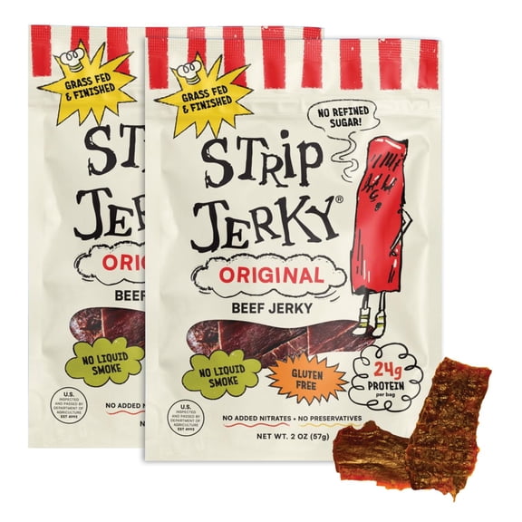 Strip Jerky Original Beef Jerky, 2 Bags 2 oz Each, Chef Crafted Inside Round Beef Snack, Honey Sweetened, Gluten Free, Seed Oil Free, Low Carb, 21g Protein per Bag, Portable Pack of 2