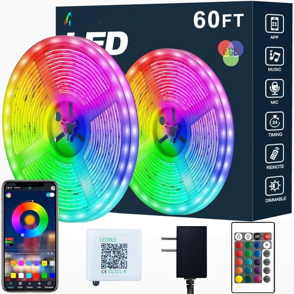 Strip Lights,60ft Music Sync Color Changing, Built-in Mic, App Control  Tape Lights with Remote,5050  Rope Light Strips