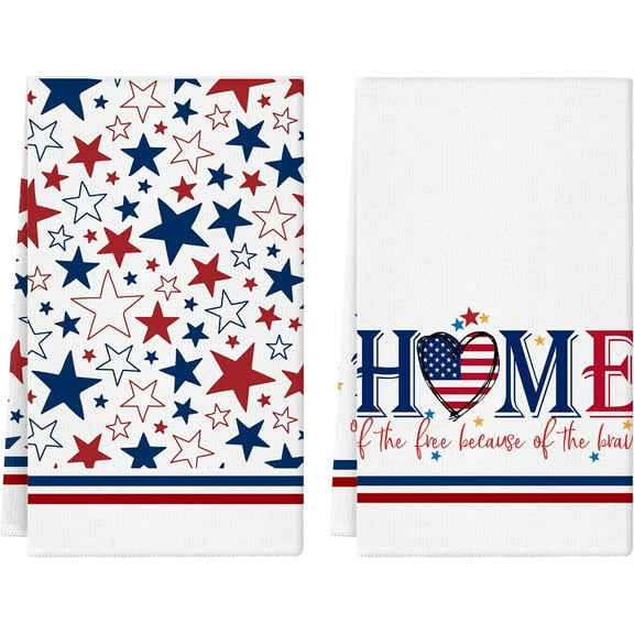 Strip-Shaped America Stars Patriotic 4th of July Kitchen Towels 2 Pcs Summer Dish Towels Decorative Hand Flower Cute Flowers Tea Towel for Home Independence Day Housewarming Gift 18X28 Inch