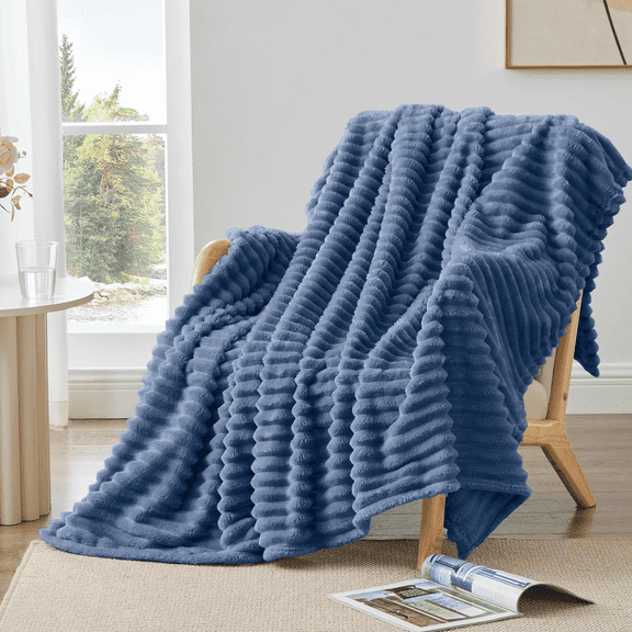 Throw Blanket for Couch, 230GSM Super Soft Striped Throws for Office Picnic Travel Bedroom,Warm Cozy Lightweight Blanket for Home Decor, All-Season Suitable, Blue