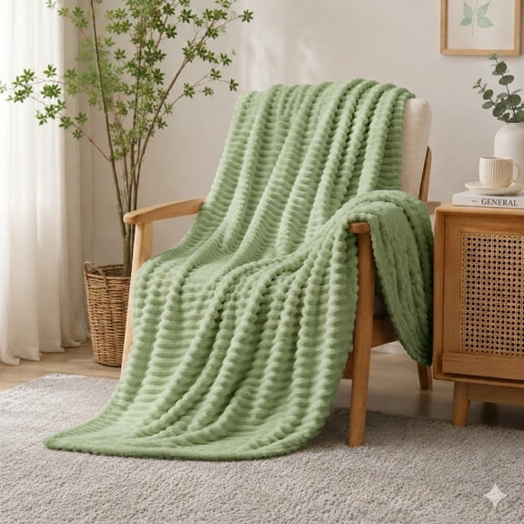 Throw Blanket for Couch, 230GSM Super Soft Striped Throws for Office Picnic Travel Bedroom,Warm Cozy Lightweight Blanket for Home Decor, All-Season Suitable, Sage