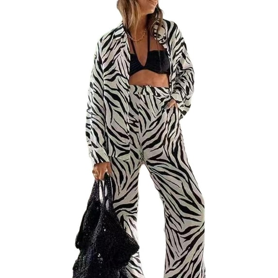 Stripe 2 Piece Outfits for Women Pants Sets Print Long Sleeve Button Down Shirts Blouses Tops Wide Leg Pants Sets