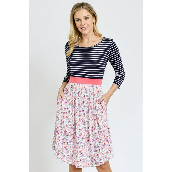 Stripe 3/4 Sleeve Purple Pink Ditsy Floral Midi Dress with Coral Band | S-3X