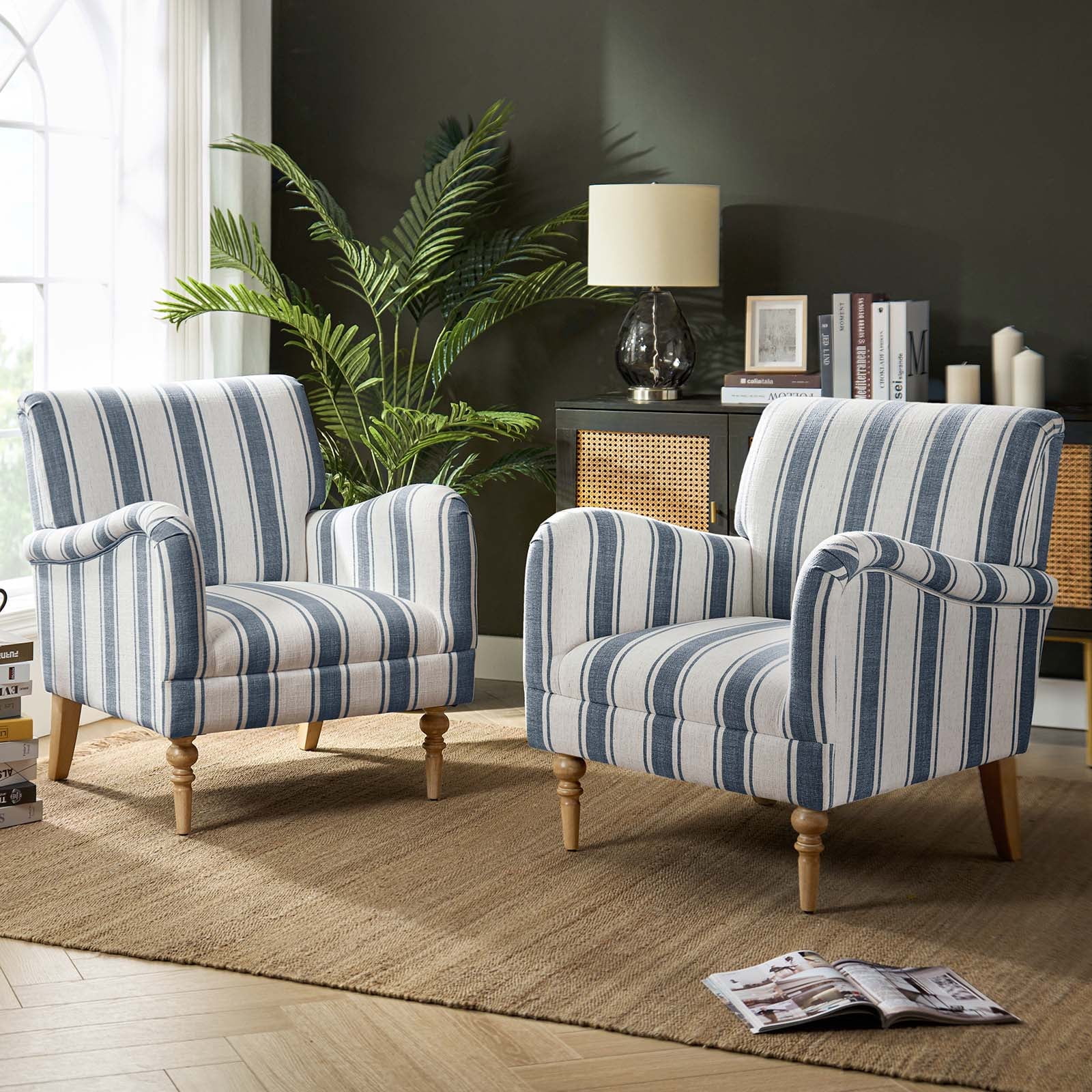 Navy Stripe Accent Armchairs Set of 2, Upholstered with Wood Legs