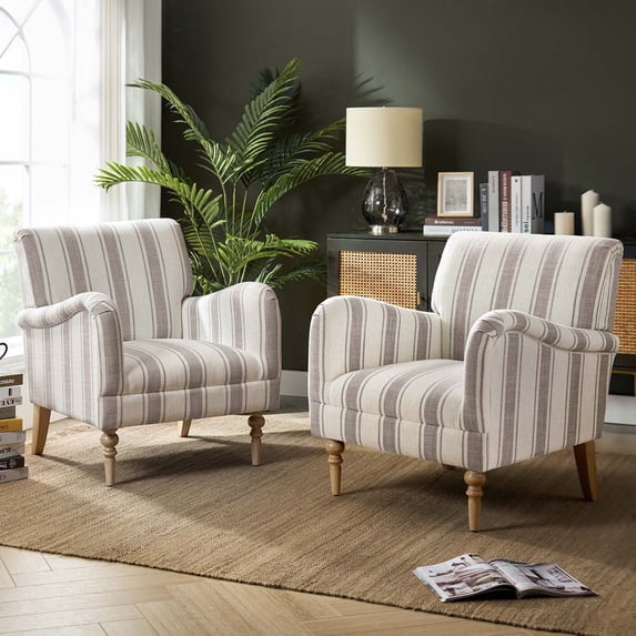 Stripe Accent Chairs Set of 2 Upholstered Wood Legs Armchairs Home Living Room Adult Tan
