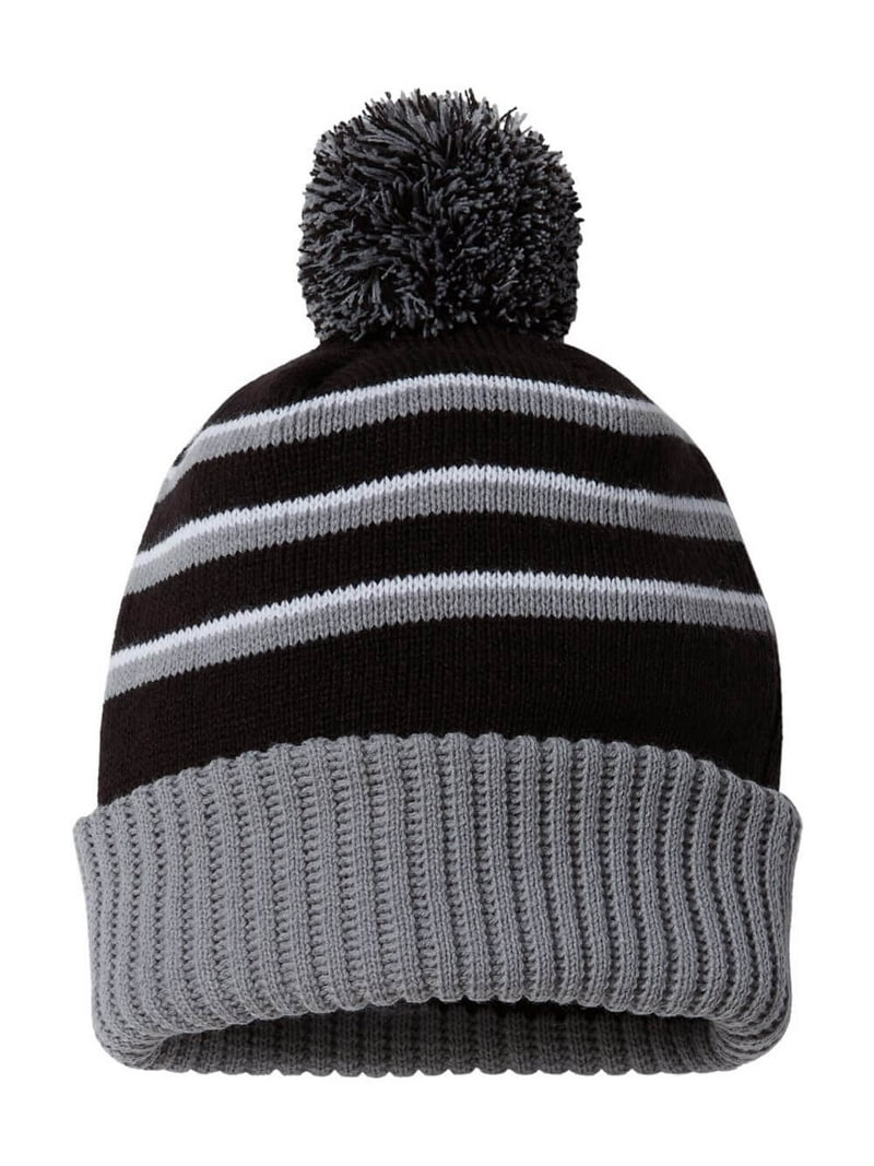 Stripe Acrylic Pom Pom Cuff Knit Beanie, Black / Grey