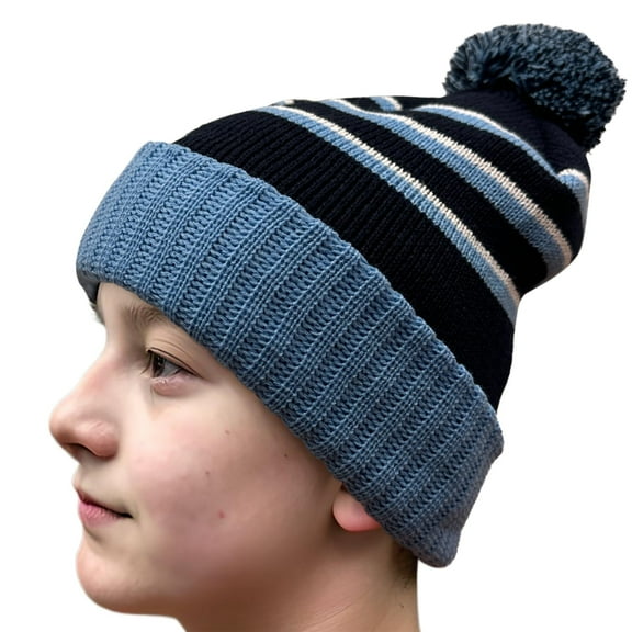 Stripe Pom Pom Cuff Acrylic Knit Beanie, Classic White/ Navy/ Columbia Blue, One Size