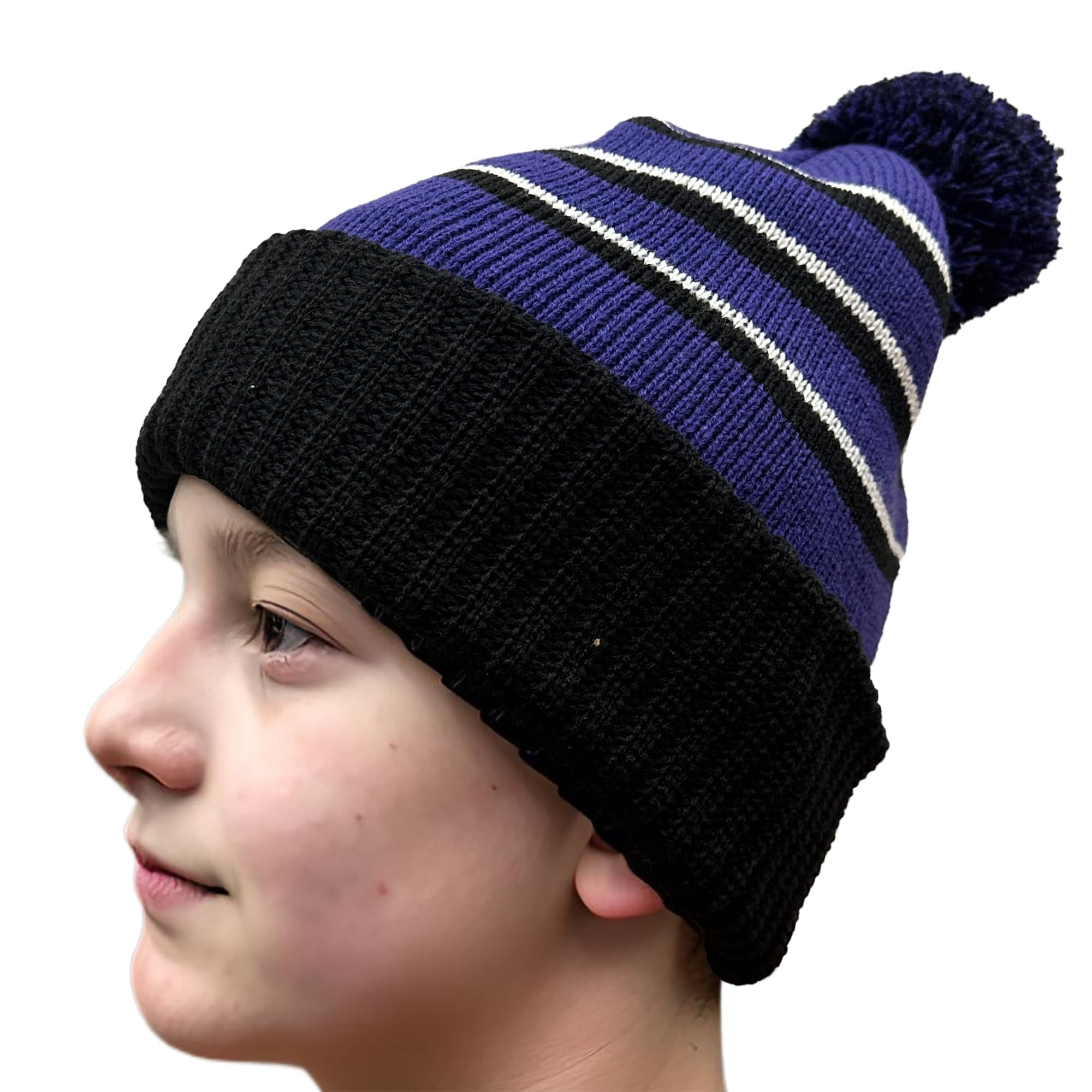 Stripe Acrylic Pom Pom Cuff Knit Beanie, Black / Grey / White