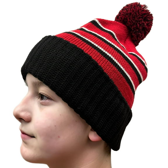 Stripe Pom Pom Cuff Acrylic Knit Beanie, Classic White/ Red/ Black, One Size