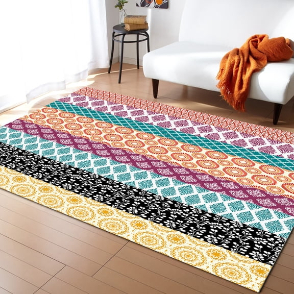 Stripe Area Rug 2'7''x5' Geometric Bohemia Stripes Blue Orange and Yellow Washable Area Rugs Non Shedding Floor Carpet Rubber Backing Non-Slip Indoor Mats for Living Room Bedroom Kitchen