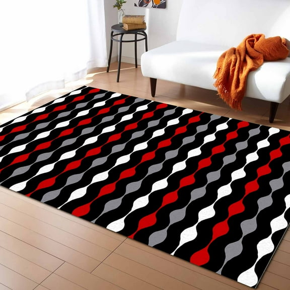 Stripe Area Rug 4'x6' Red Grey Black and White Geometric Striped Washable Area Rugs Non Shedding Floor Carpet Rubber Backing Non-Slip Indoor Mats for Living Room Bedroom Kitchen