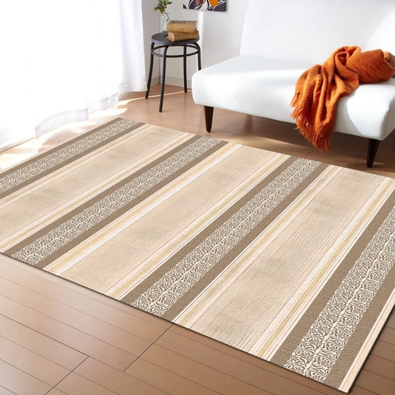 Stripe Area Rug 5'x7' Geometric Khaki Ethnic Stripes Washable Area Rugs Non Shedding Floor Carpet Rubber Backing Non-Slip Indoor Mats for Living Room Bedroom Kitchen