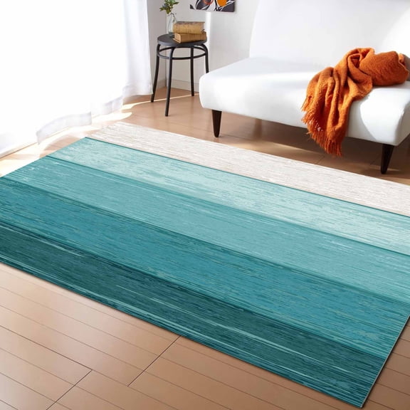 Stripe Area Rug 5'x7' Teal Blue Striped Gradient Rustic Wood Board Washable Area Rugs Non Shedding Floor Carpet Rubber Backing Non-Slip Indoor Mats for Living Room Bedroom Kitchen