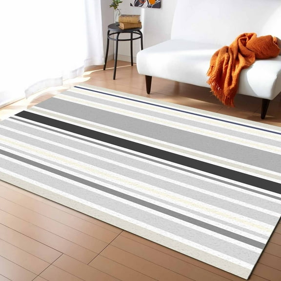 Stripe Area Rug 5'x8' Black and Grey Striped Linen Pattern Washable Area Rugs Non Shedding Floor Carpet Rubber Backing Non-Slip Indoor Mats for Living Room Bedroom Kitchen