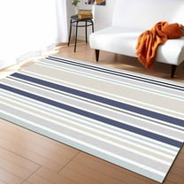 Stripe Area Rug 5'x8' Blue and White Striped Linen Pattern Washable Area Rugs Non Shedding Floor Carpet Rubber Backing Non-Slip Indoor Mats for Living Room Bedroom Kitchen