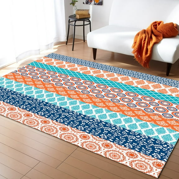 Stripe Area Rug 5'x8' Geometric Bohemia Stripes Orange Turquoise and Blue Washable Area Rugs Non Shedding Floor Carpet Rubber Backing Non-Slip Indoor Mats for Living Room Bedroom Kitchen
