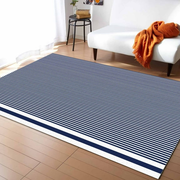 Stripe Area Rug 5'x8' Stripes Abstract Navy Blue Geometric Simple Washable Area Rugs Non Shedding Floor Carpet Rubber Backing Non-Slip Indoor Mats for Living Room Bedroom Kitchen