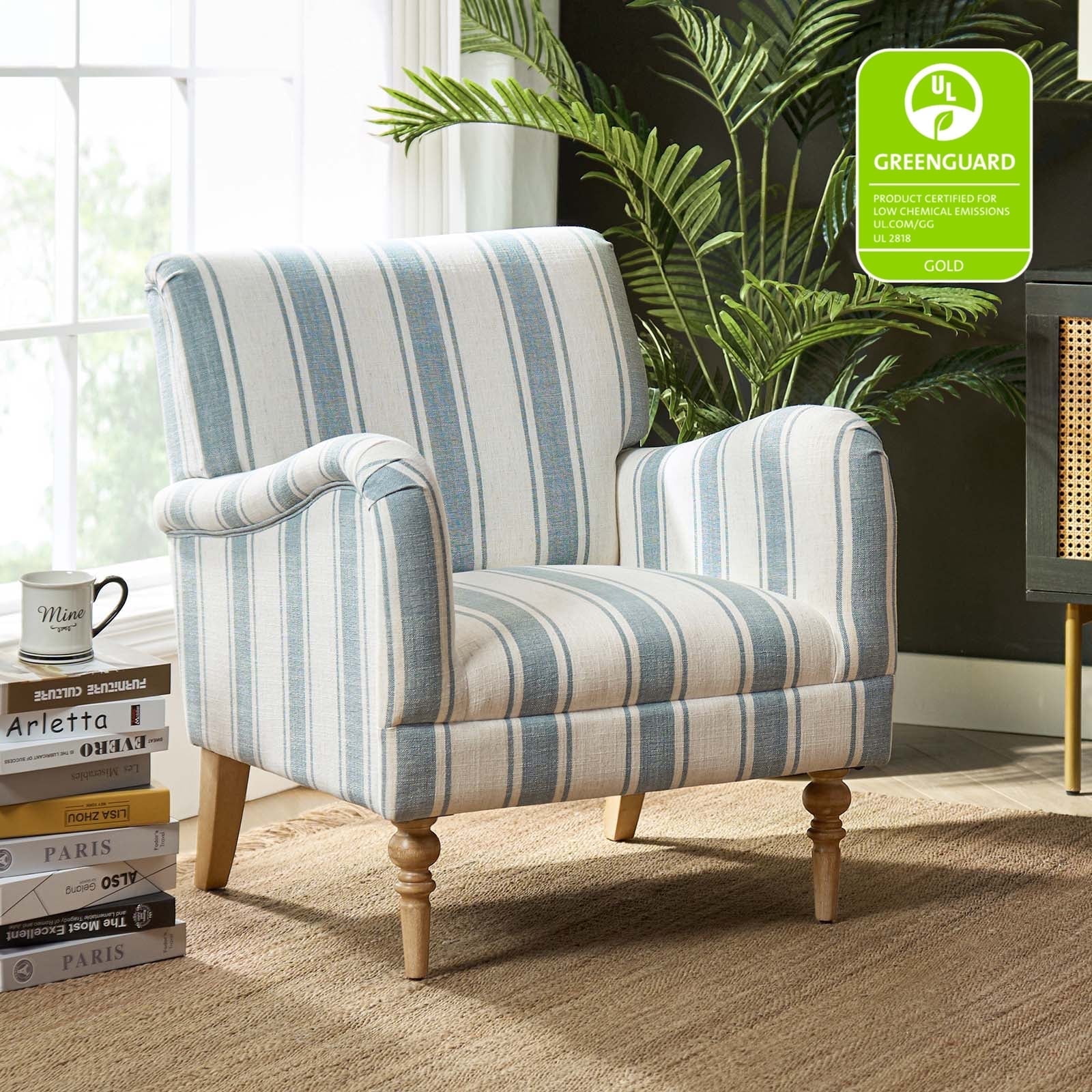Stripe Armchair Upholstered Wooden Legs Accent Chair for Home Living Room Bedroom Adult Blue Stripe